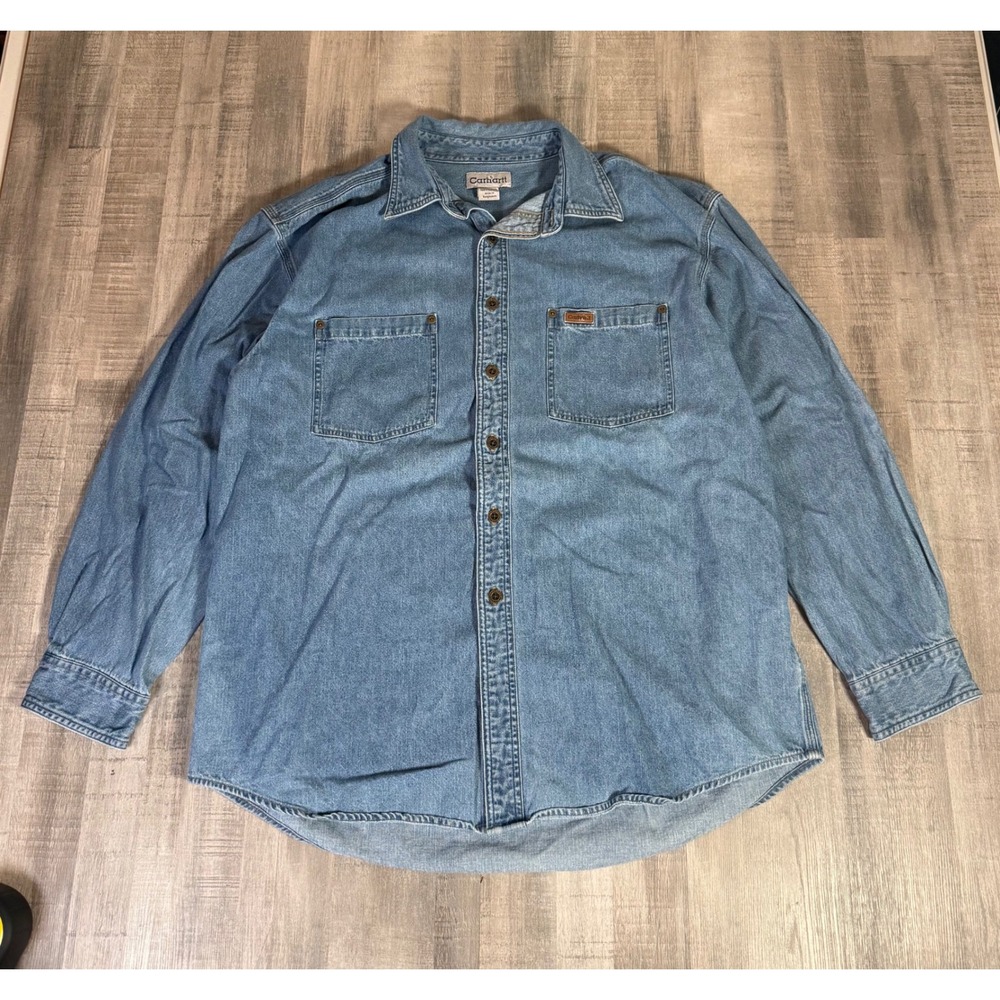Carhartt Mens Denim Button Up Shirt Light Wash Jean Long Sleeve S97STW Large
